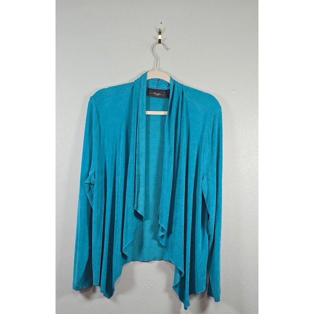 Chicos Travelers Cardigan Size 3 XL Teal Blue Open Front Draped Ribbed Slinky